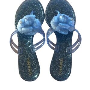 CHANEL Sparkling Blue Sandals with Floral Accent